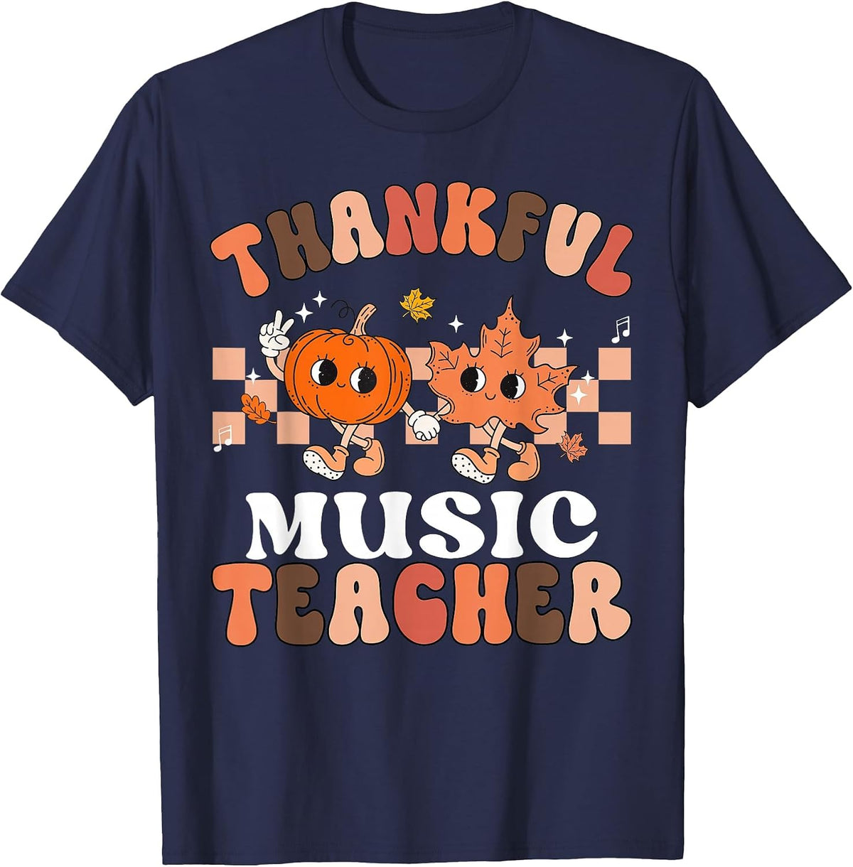 Retro Thankful Music Teacher Pumpkin Fall Thanksgiving T-Shirt - Navy Blue