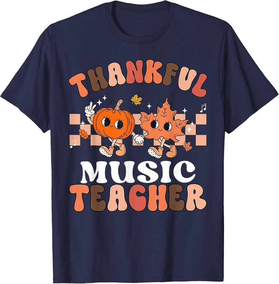 Retro Thankful Music Teacher Pumpkin Fall Thanksgiving T-Shirt - Navy Blue