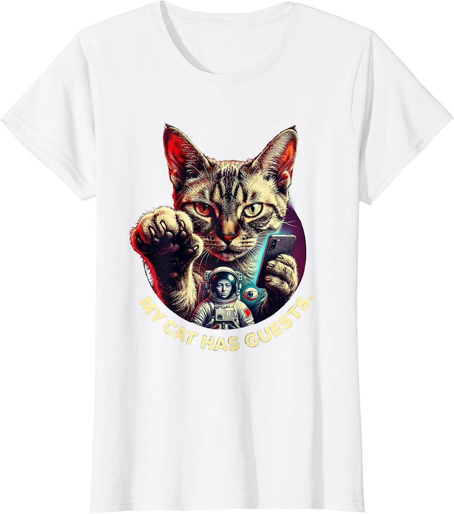 Women's My Cat Has Guests Pulp Cover Funny Cat Lover Novelty Gift T-Shirt - White