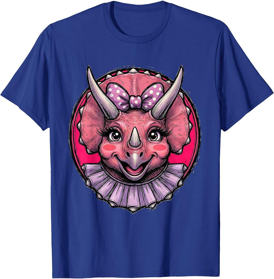 Cute Feminine Triceratops Dinosaur Graphic Tee T-Shirt - Royal Blue