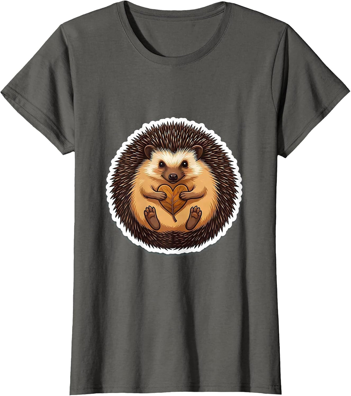 Women's Curled Hedgehog Cute Animal Lover Sticker Style T-Shirt - Asphalt Grey