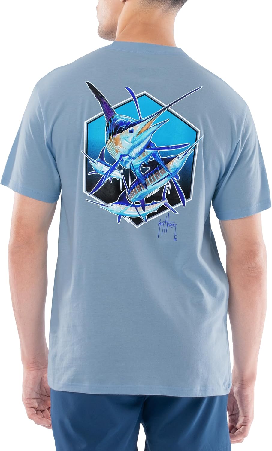 Guy Harvey Men’s Short Sleeve Lightweight Cotton Graphic Pocket T-Shirt - Clear Sky\/Hex Slam