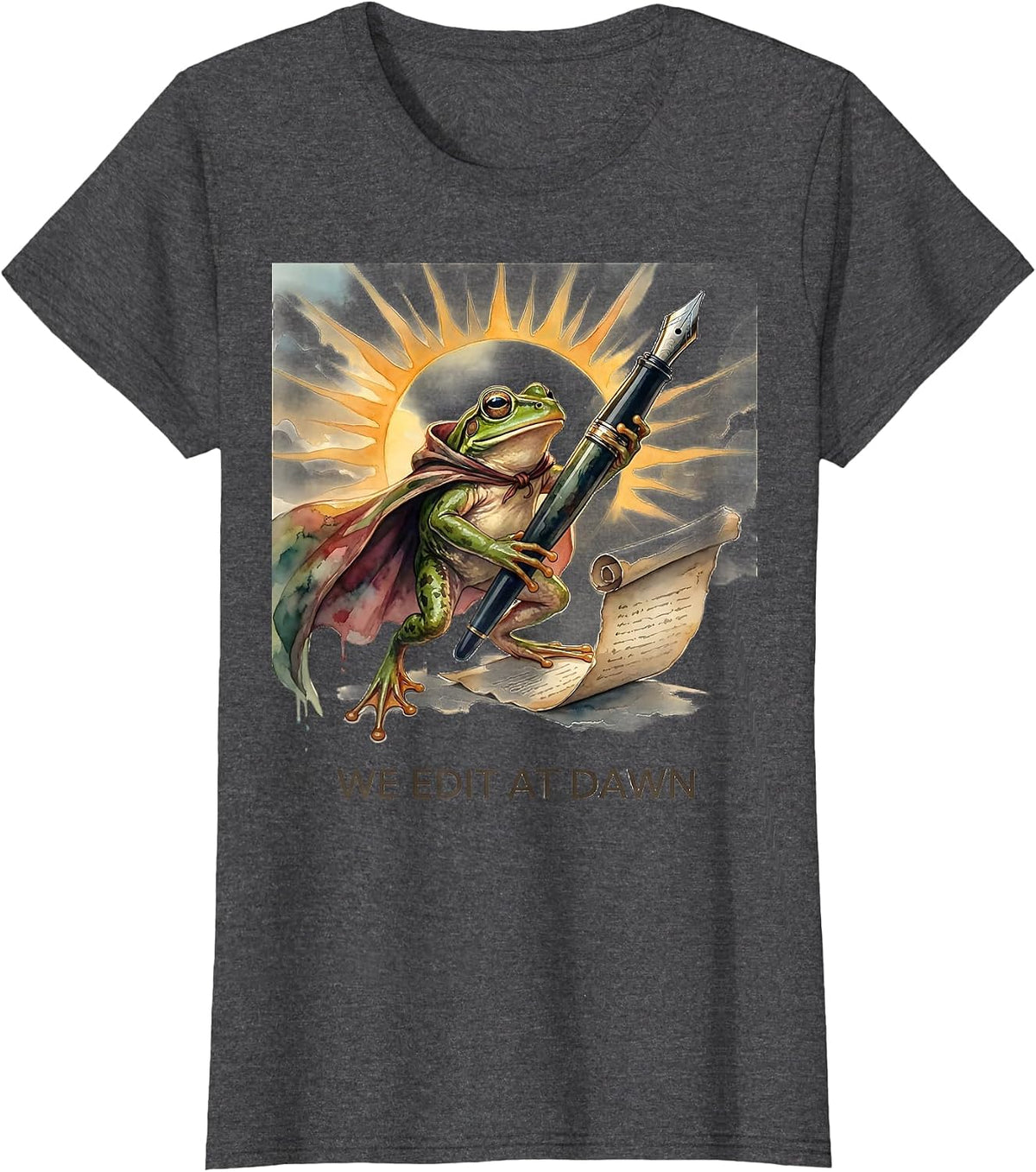 Women's We Edit At Dawn Funny Frog Teacher English Reader Back T-Shirt - Dark Heather Grey