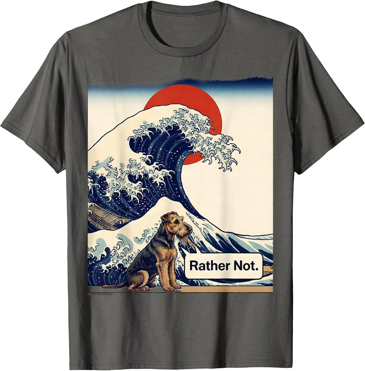 Men's Rather Not Ukiyo-e Airedale Terrier Surfing Great Wave T-Shirt - Asphalt Grey