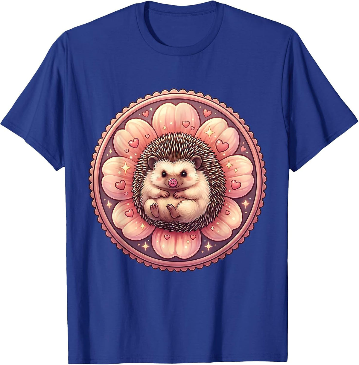 Kawaii Hedgehog in a Flower Bloom Cute Nature Art T-Shirt - Royal Blue