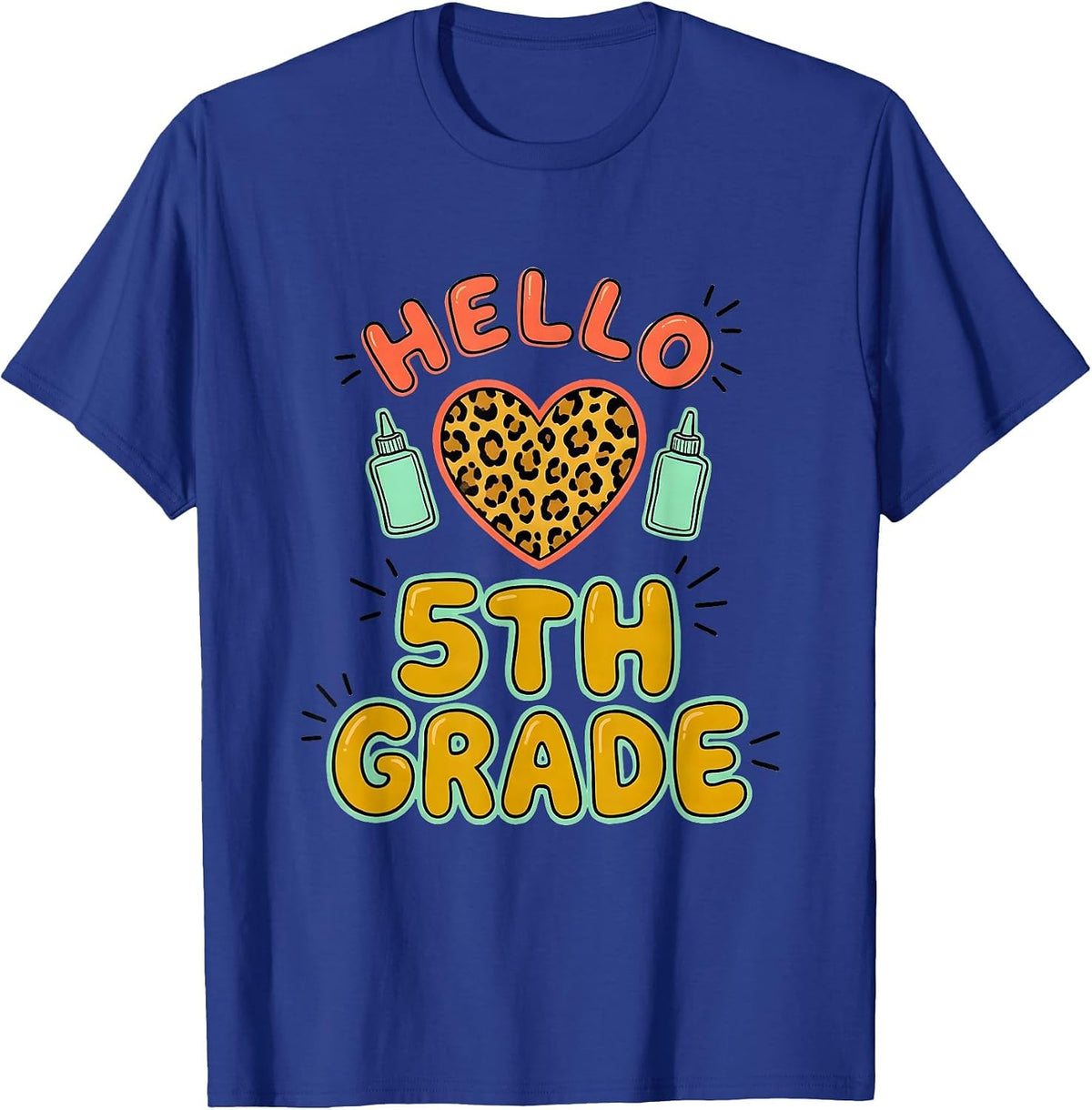 Men's Hello 5th Grade Casual Leopard Heart Back To School Girl T-Shirt - Royal Blue