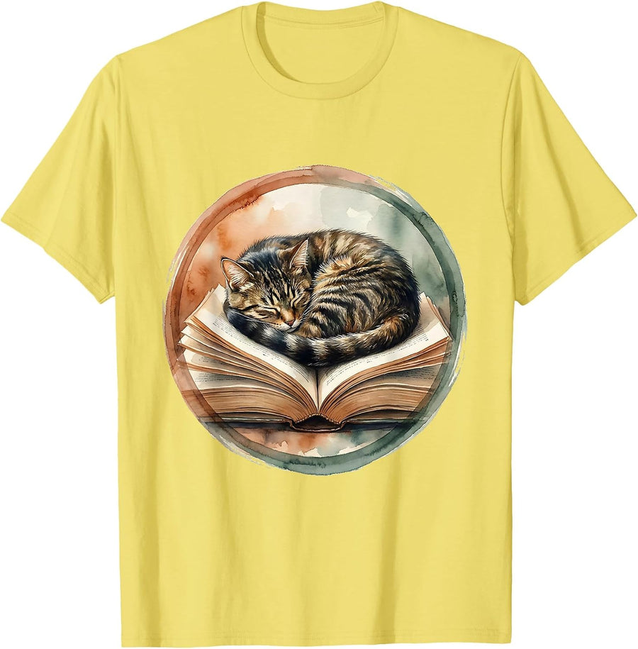 Men's Cat Napping on Open Textbook Teacher Gift T-Shirt - Lemon Yellow