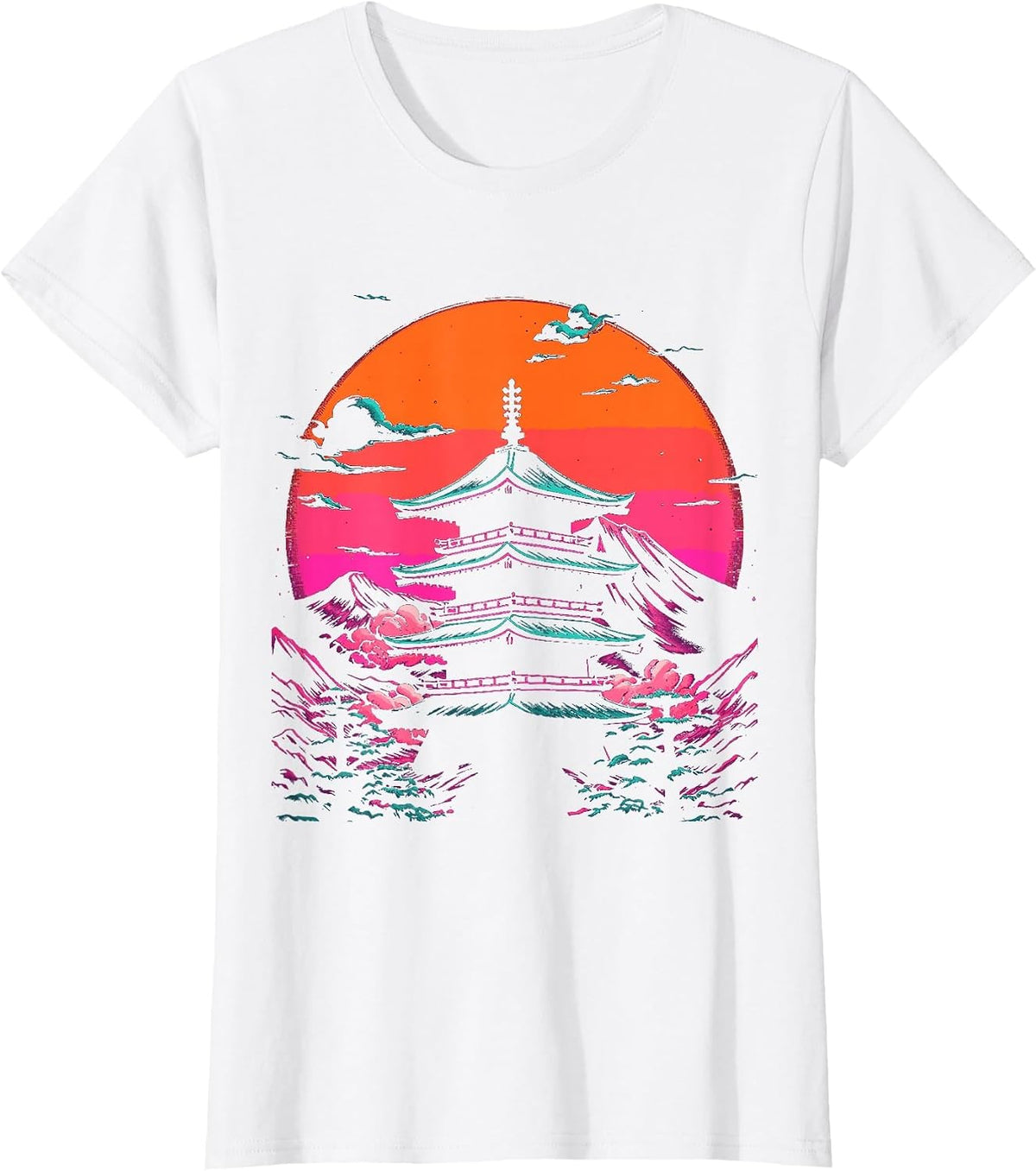 Japanese Pagoda Temple Synthwave Retro T-Shirt - White