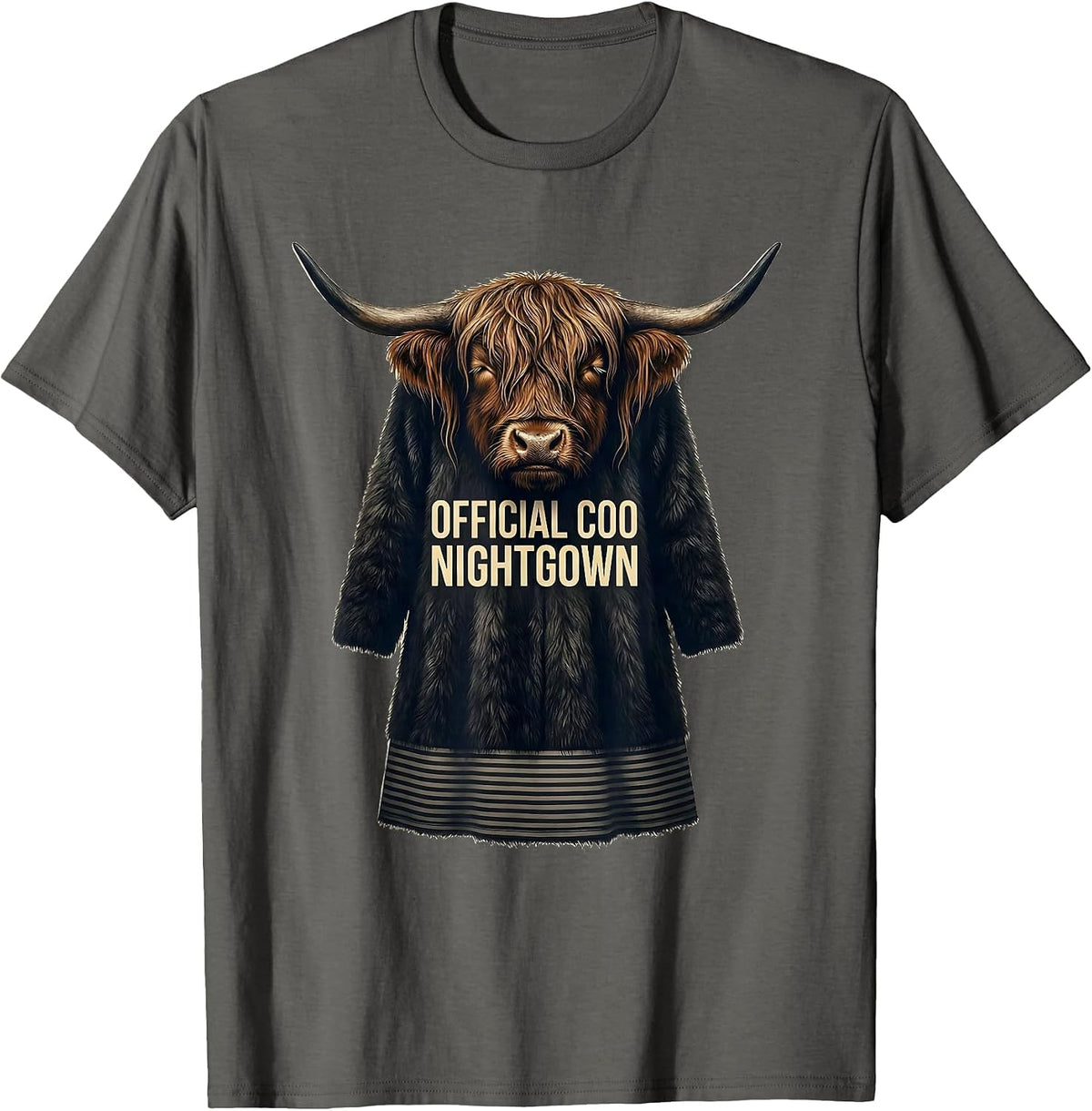 Official Coo Nightgown Whimsical Highland Cow Cozy Sleepwear T-Shirt - Asphalt Grey