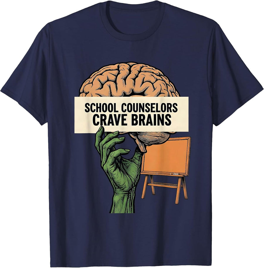 School Counselors Crave Brains Funny Teacher Halloween T-Shirt - Navy Blue