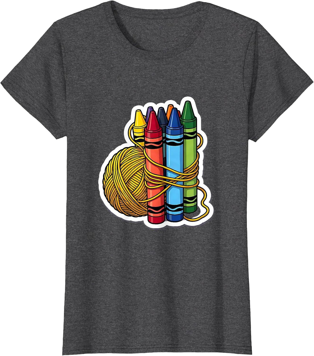 Women's Preschool Teacher Yarn and Crayon Graphic Tee T-Shirt - Dark Heather Grey