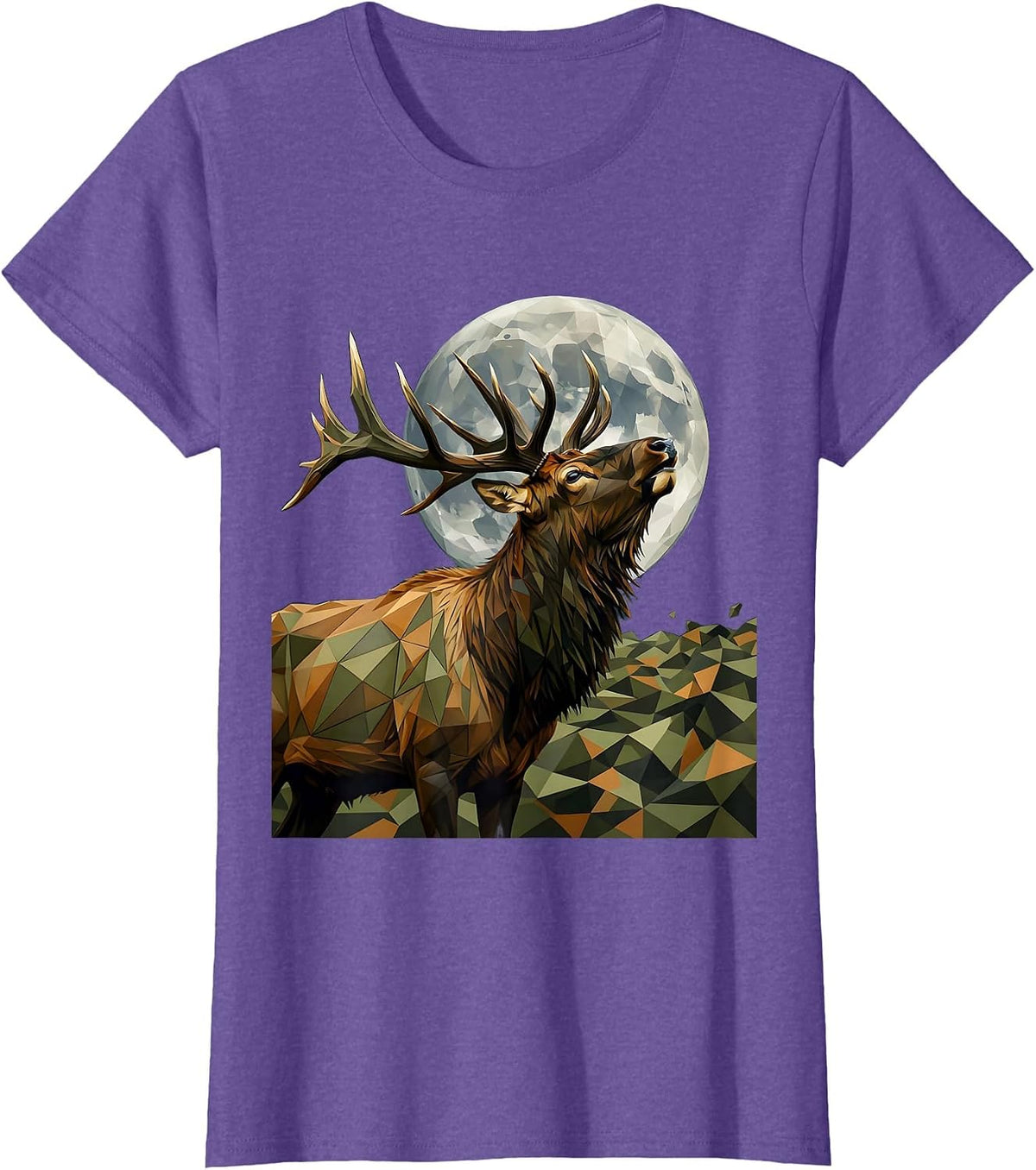 Camo Elk Bugling at Full Moon Wildlife Design T-Shirt - Purple Heather