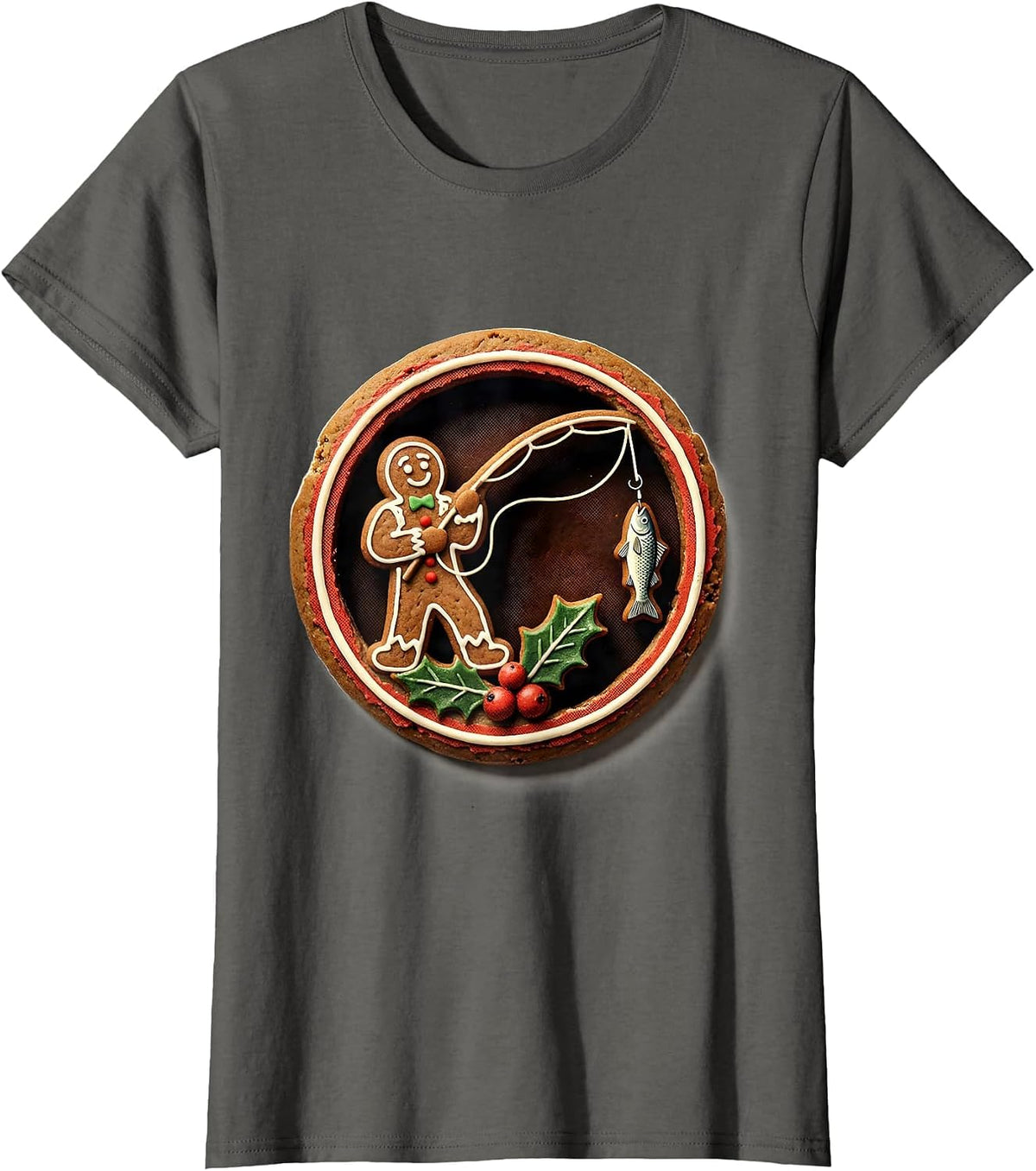 Women's Gingerbread Fly-Fisher Christmas Fishing Humor T-Shirt - Asphalt Grey
