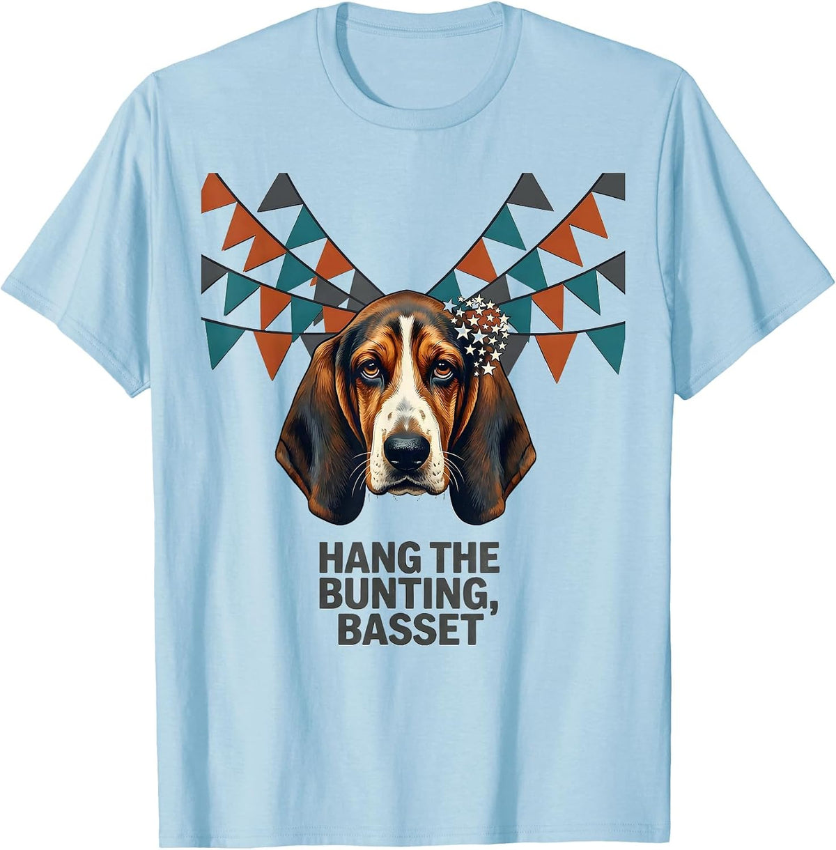 Men's Hang The Bunting, Basset Midcentury Modern Patriotic Dog T-Shirt - Baby Blue