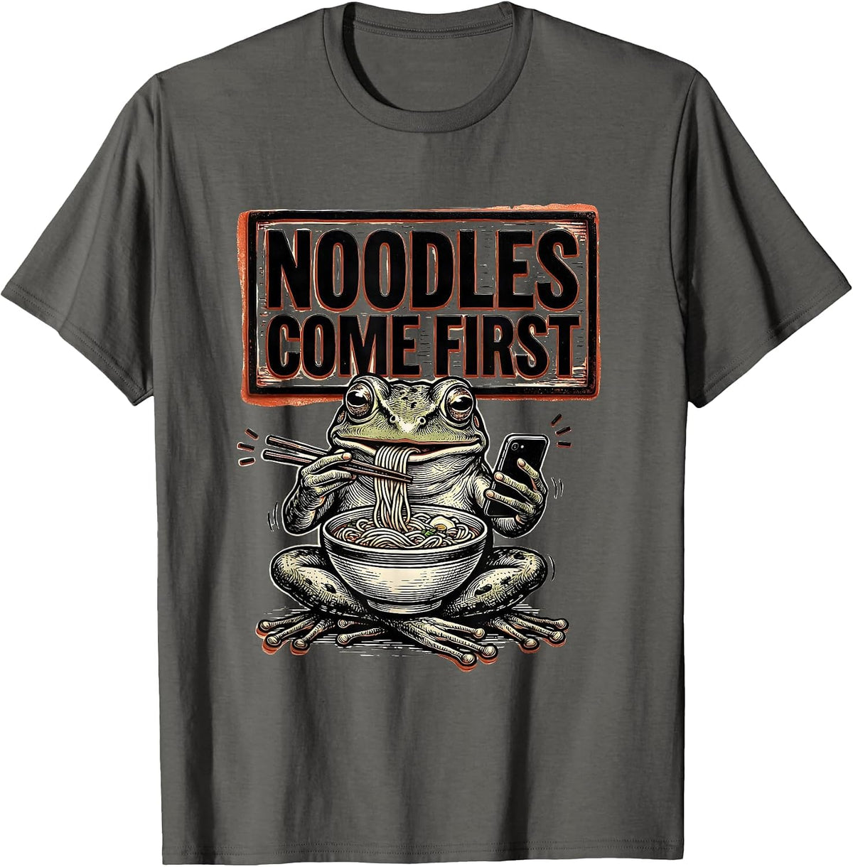Men's Noodles Come First Funny Grumpy Frog Japanese Art Ramen T-Shirt - Asphalt Grey