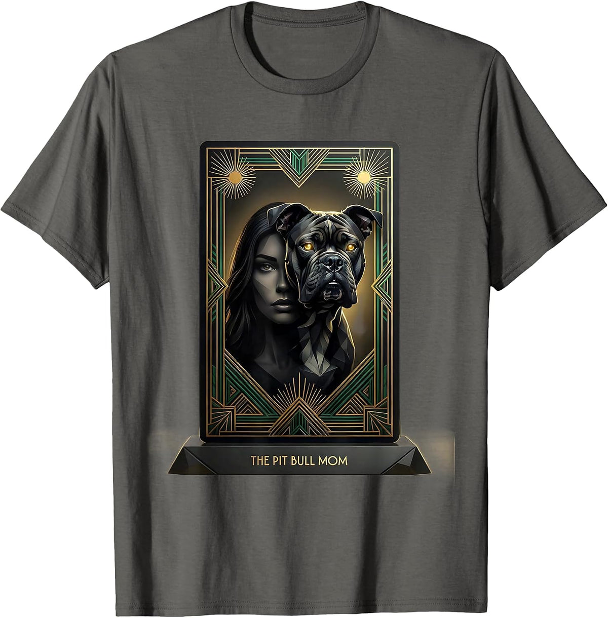 The Pit Bull Mom Art Deco Dog Mom Tarot Card Portrait T-Shirt - Asphalt Grey