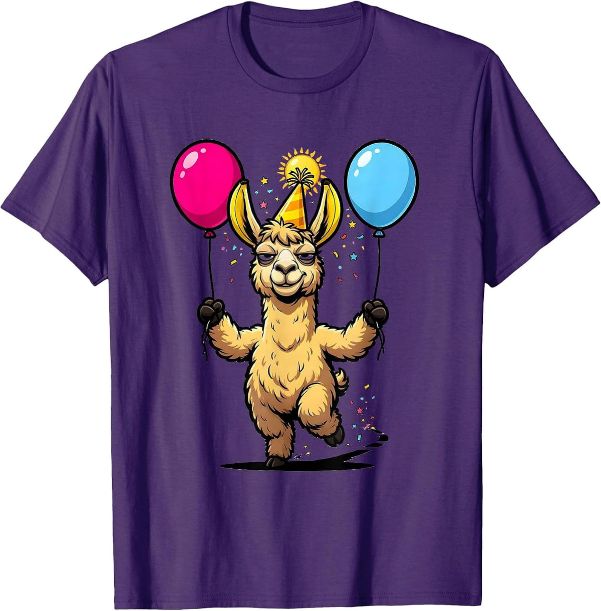 Men's Llama Party Hat Cartoon Funny Animal Lover Gift T-Shirt - Purple