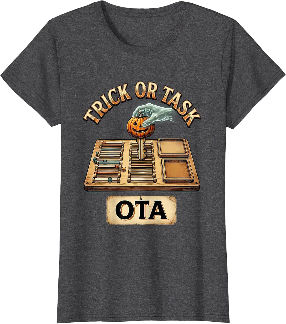 Women's Trick Or Task OTA Vintage Physical Therapy Halloween Ghost T-Shirt - Dark Heather Grey