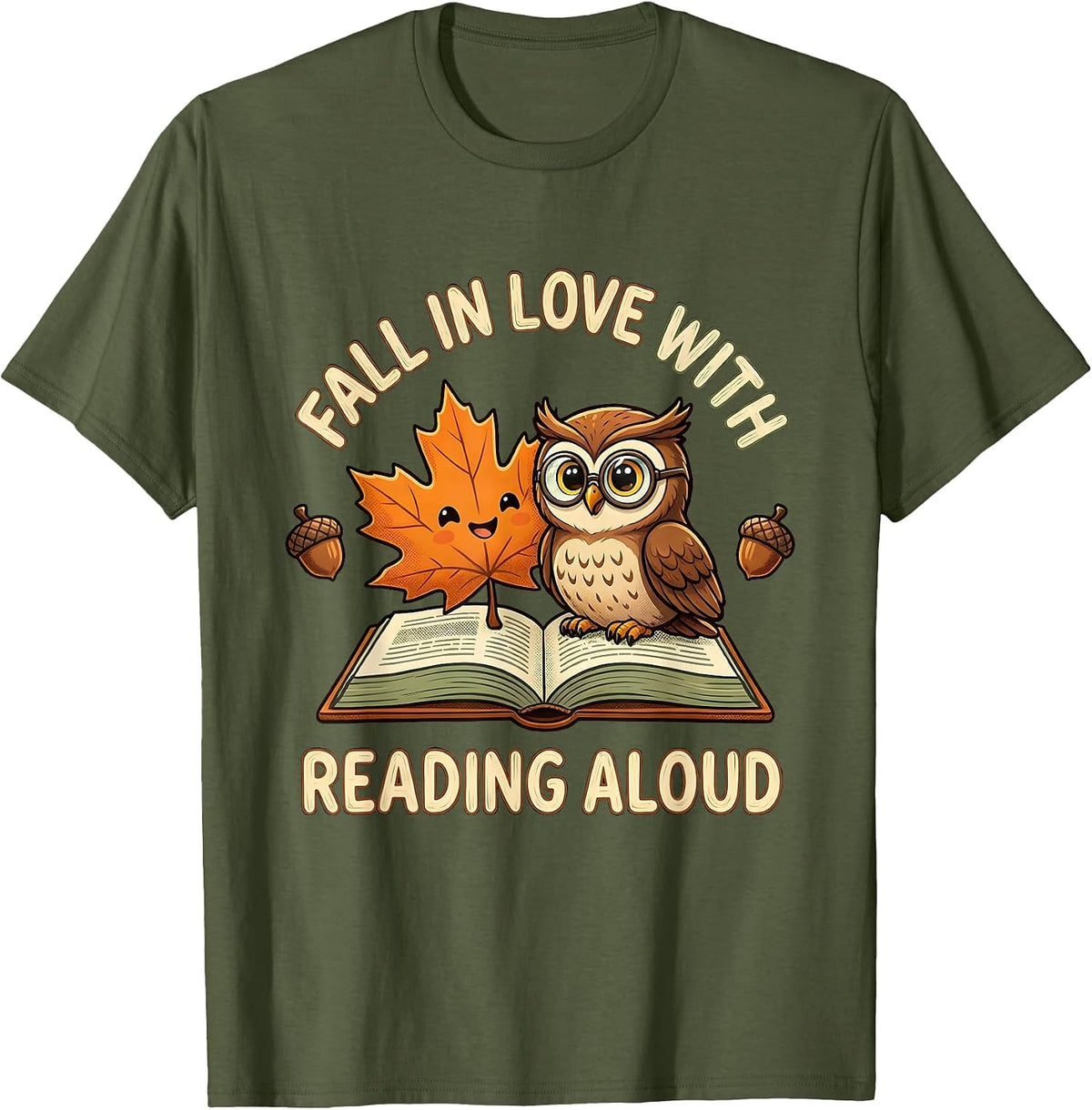 Fall In Love With Reading Aloud Cute Kawaii Teacher Book T-Shirt - Olive Green