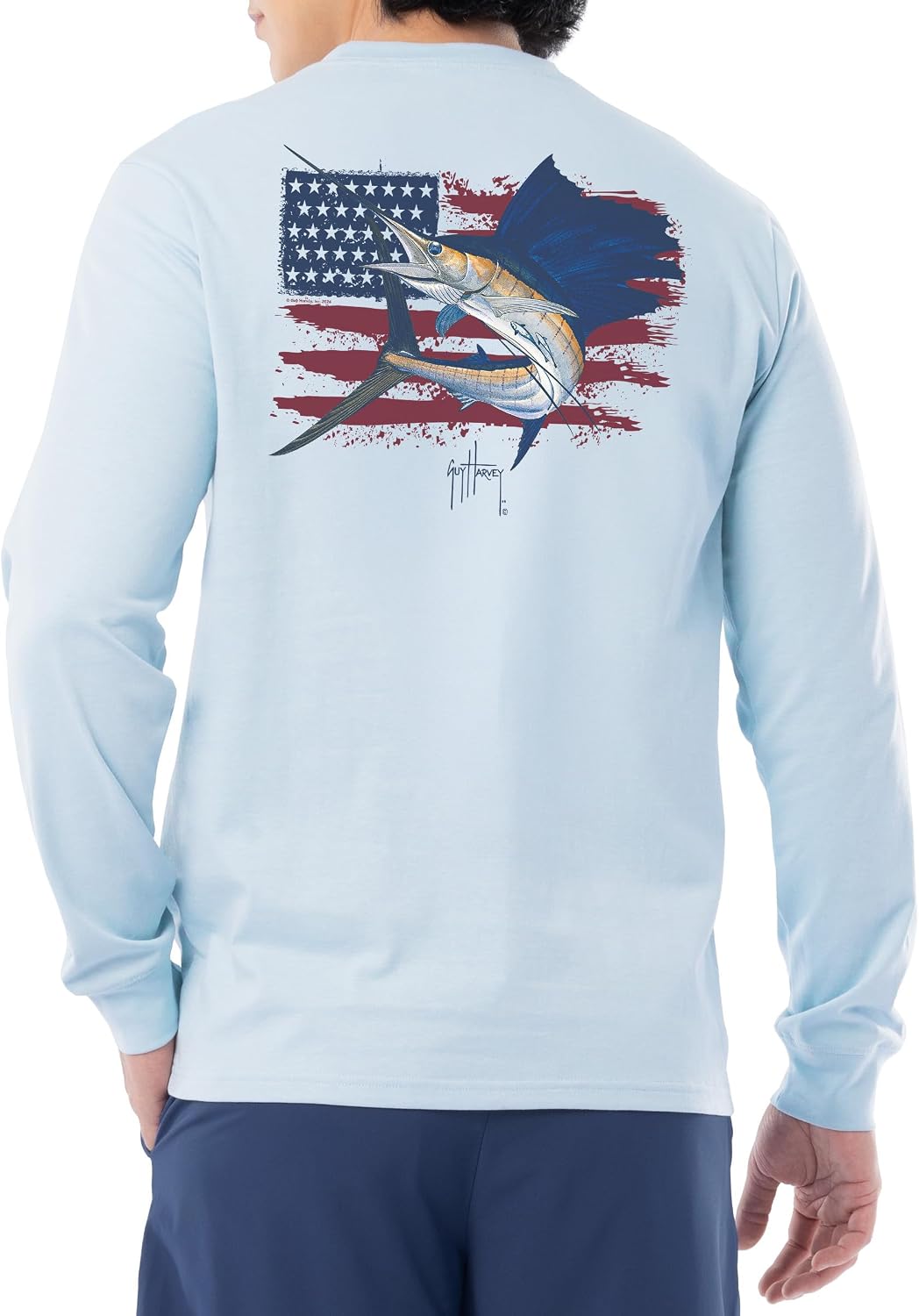 Guy Harvey Men’s HarborLite Long Sleeve T-Shirt - Blue Fog\/Sail Usa