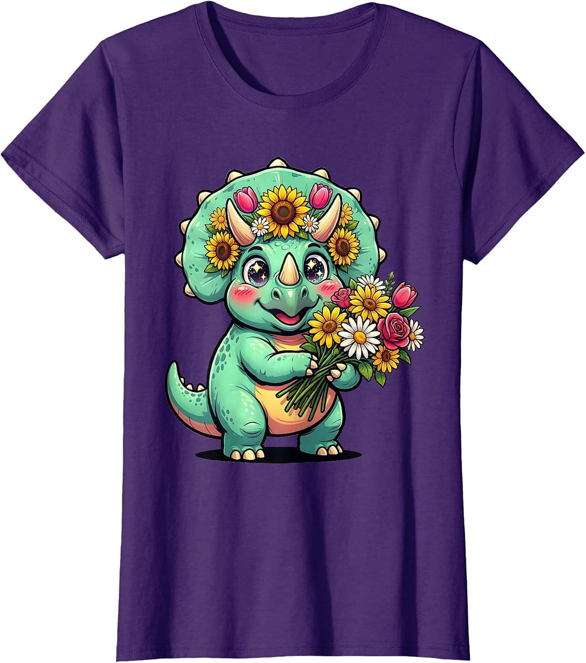 Women's Triceratops Flower Bouquet Dinosaur Graphic T-Shirt - Purple