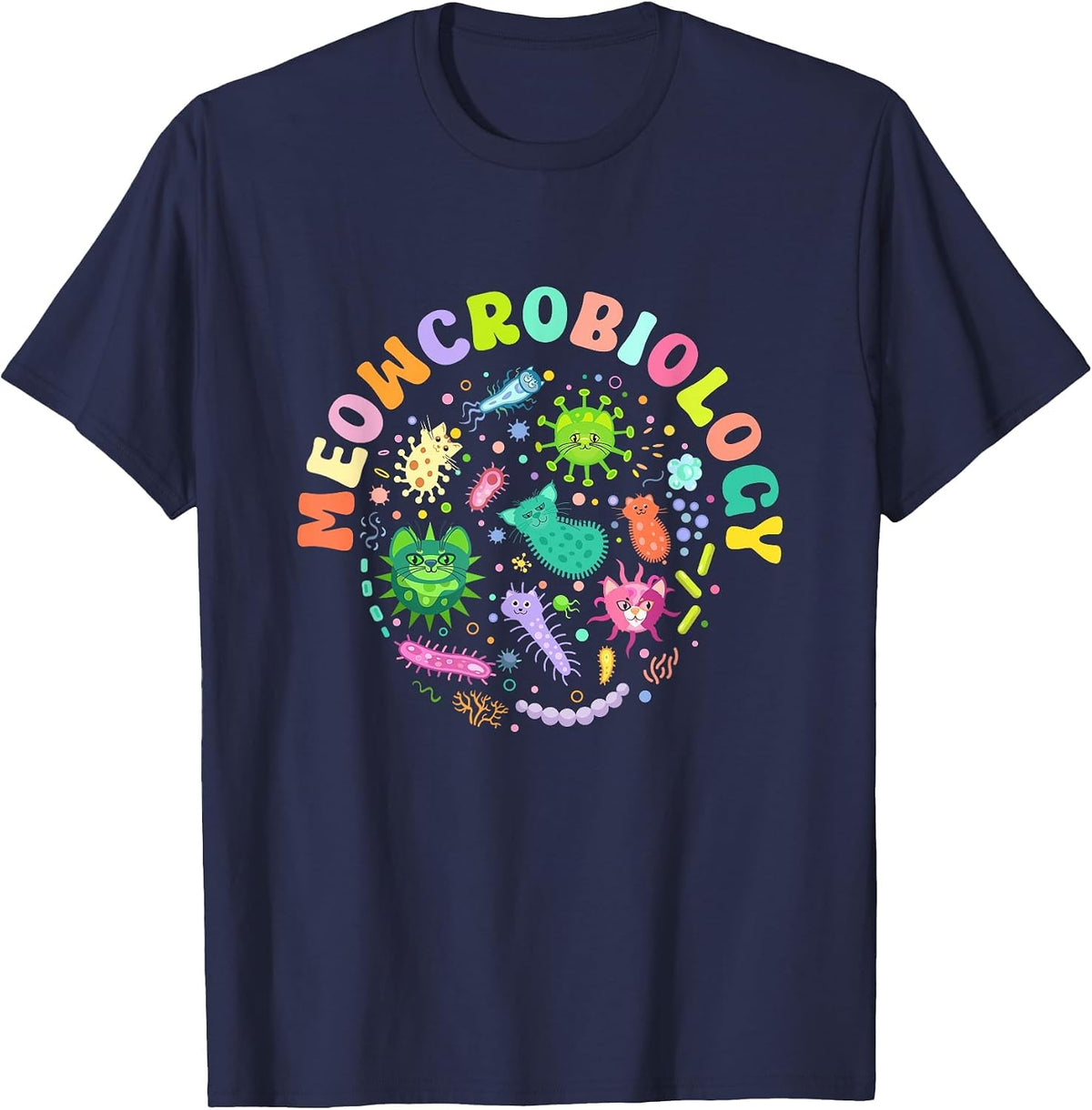 Meowcrobiology Funny Cats Microbiology Science Teacher T-Shirt - Navy Blue