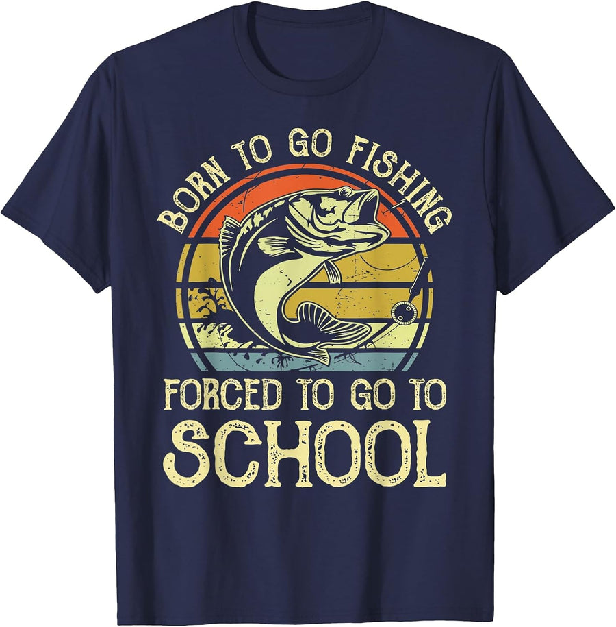 Born Fishing Forced to School Funny Bass Fish Fisherman Boys T-Shirt - Navy Blue