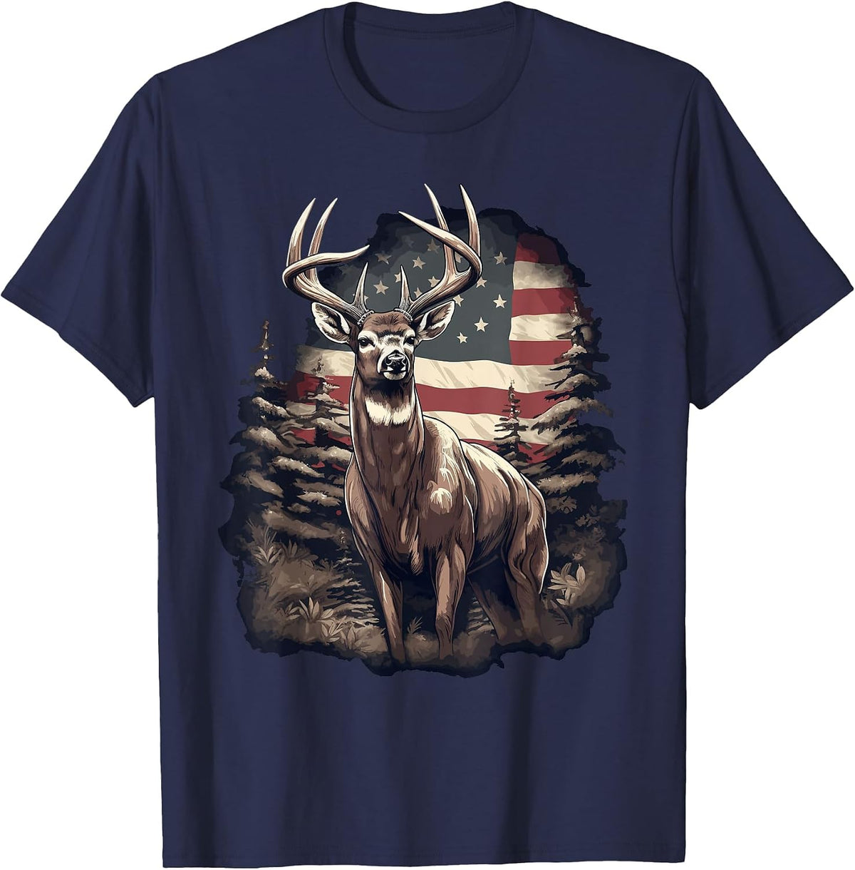 Whitetail Buck Deer Hunting US Flag Patriotic Hunter T-Shirt - Navy Blue