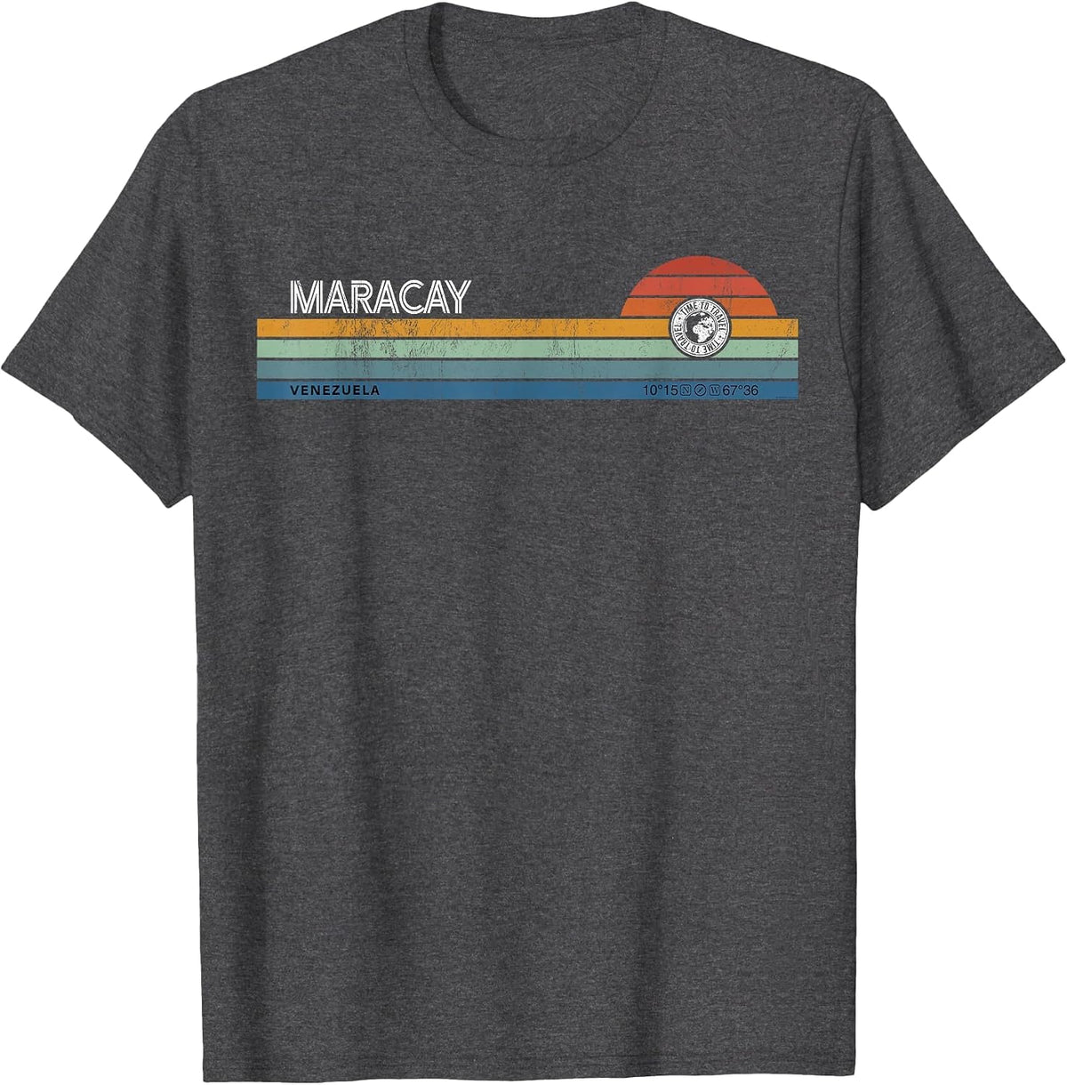 Maracay Venezuela Retro Sunset Rainbow Synth Striped T-Shirt - Dark Heather Grey