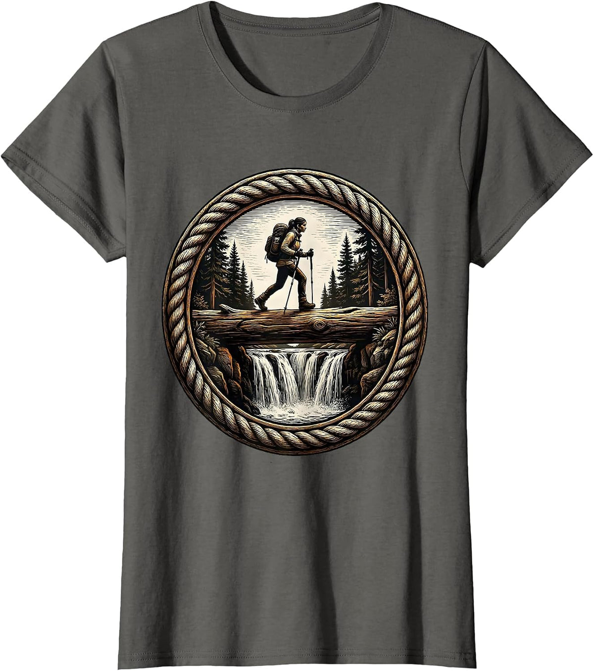 Women's Hiker Crossing Log Bridge Over Waterfall T-Shirt - Asphalt Grey