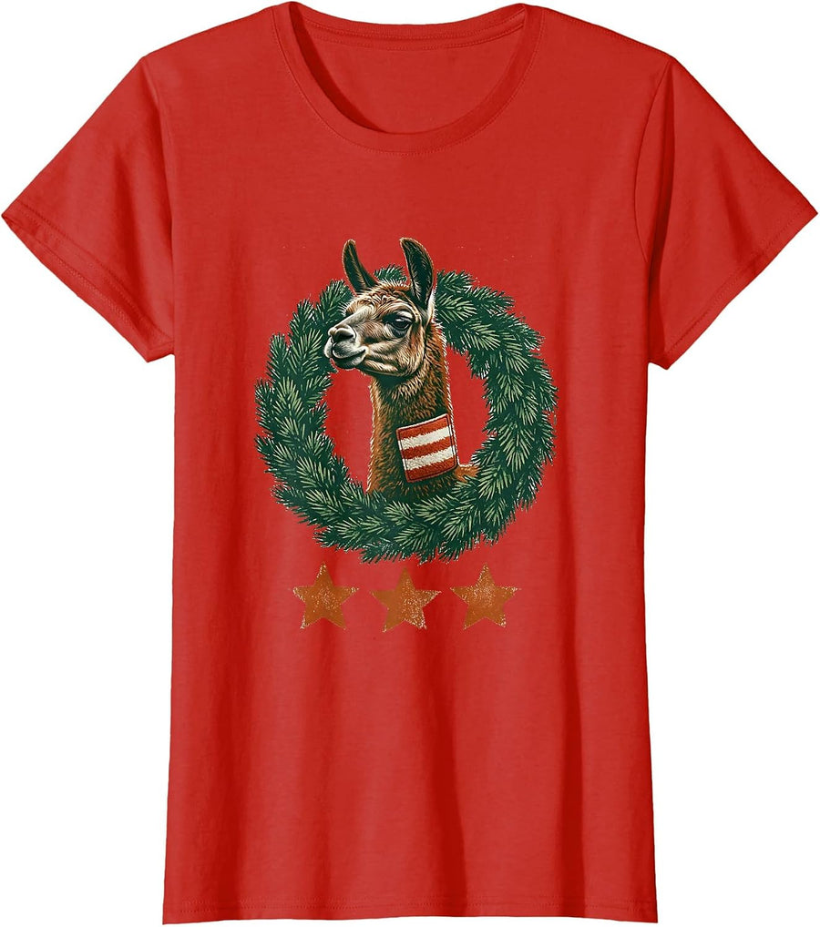 Women's Llama Wreath Rubber Stamp Funny Christmas Animal Lover T-Shirt - Red