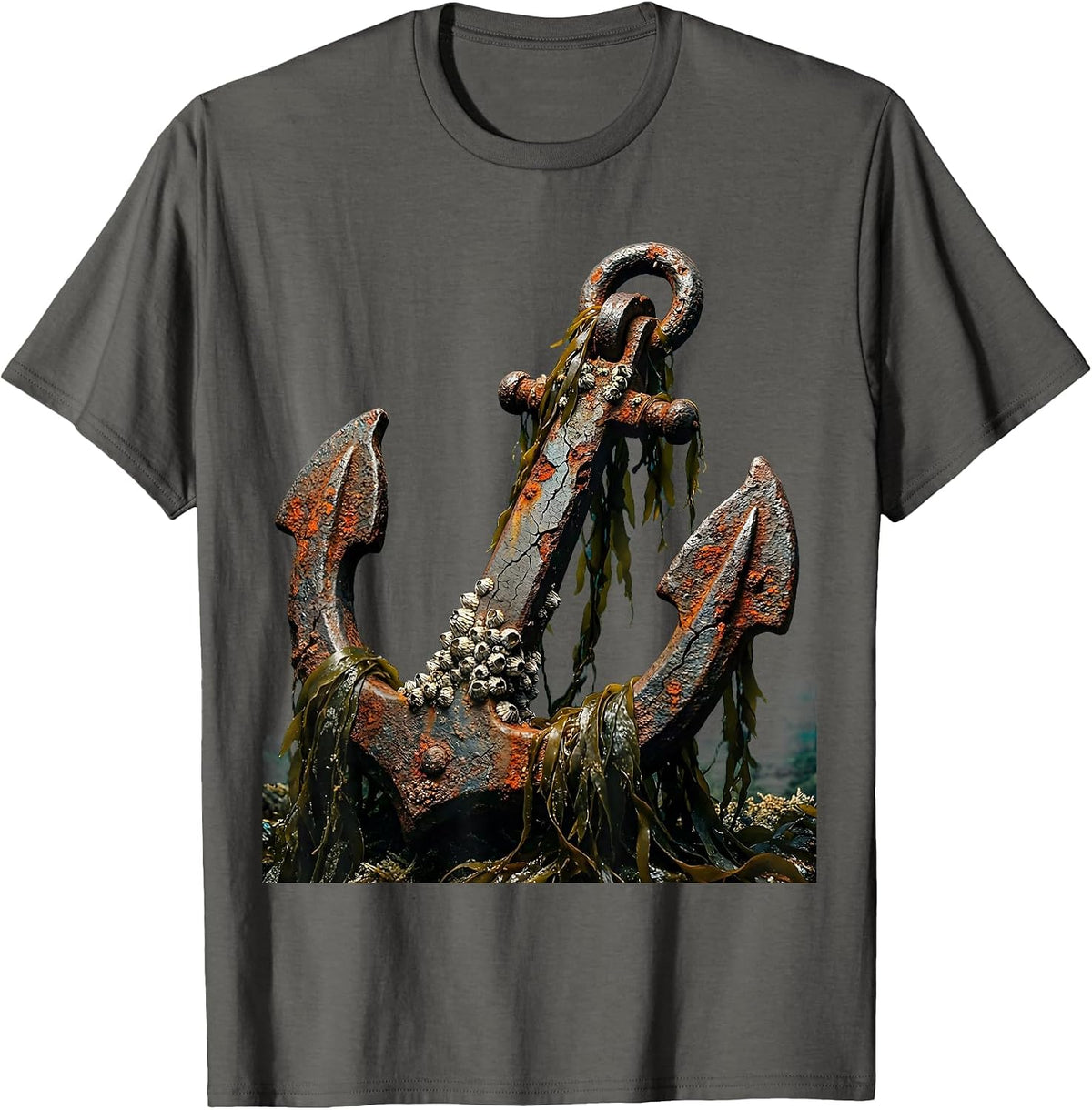 Sunken Anchor Barnacles and Seaweed Sailor Art T-Shirt - Asphalt Grey
