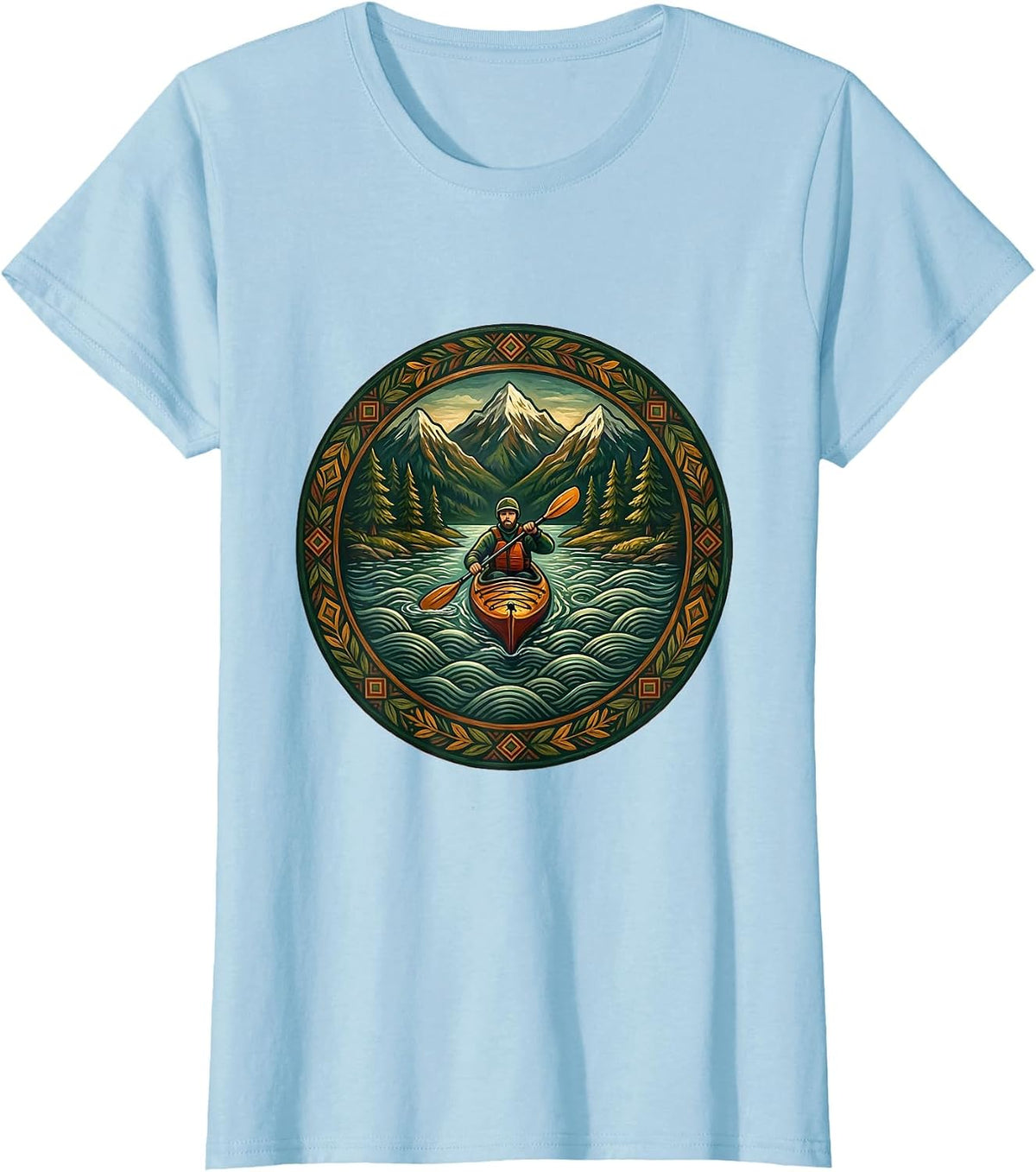 Kayak Fishing Mountain Scenery Graphic T-Shirt - Baby Blue