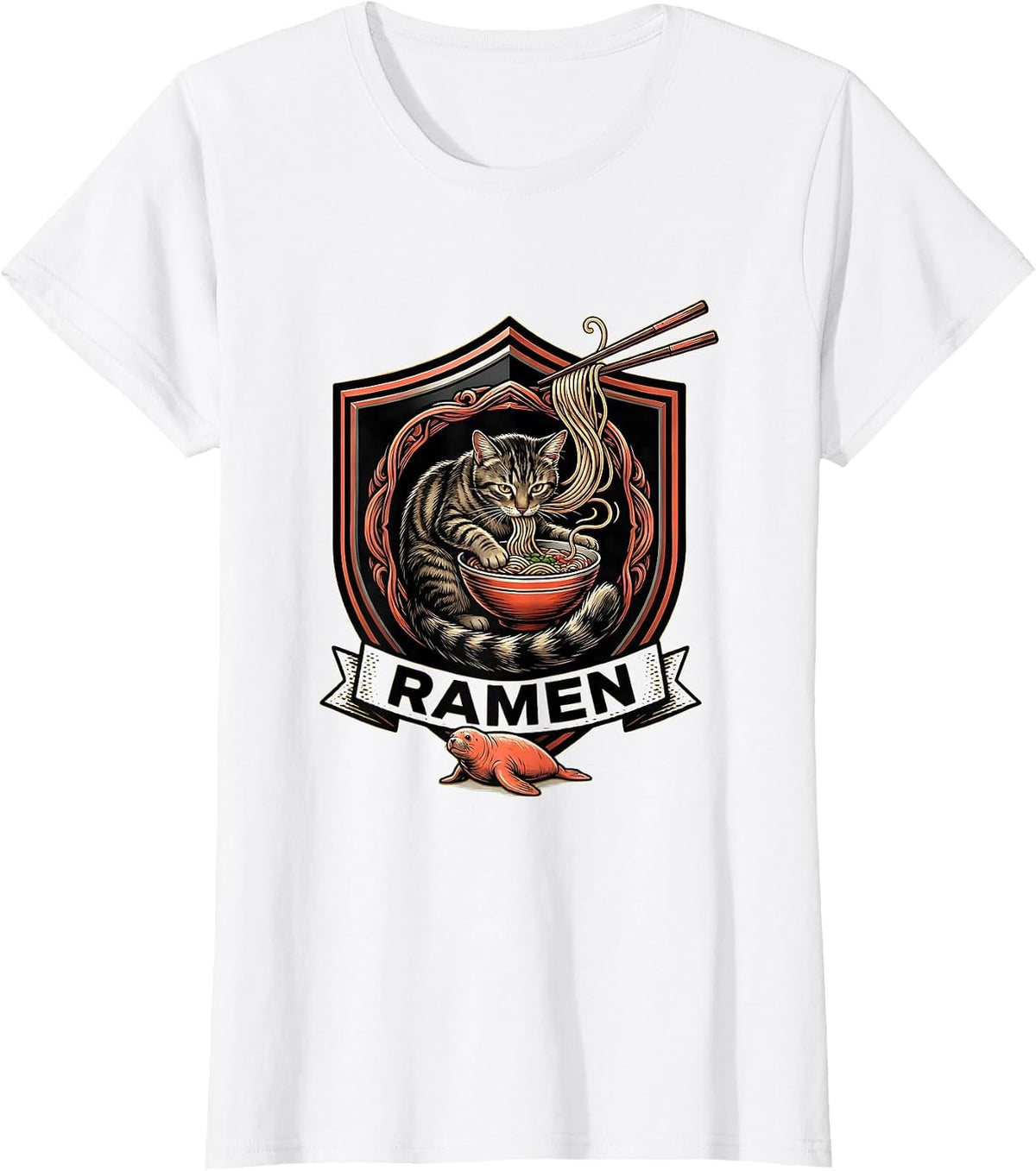 RAMEN Kawaii Anime Cat Japanese Humor Emblem T-Shirt - White