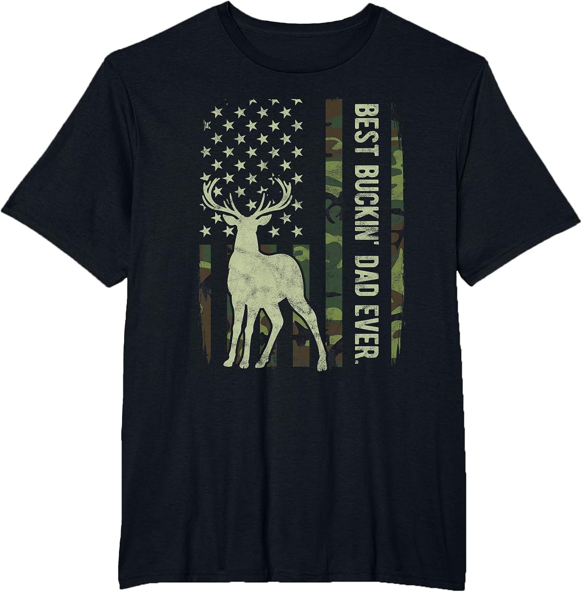 Best Buckin' Dad Camouflage American Flag Deer Hunting Tees T-Shirt - Black