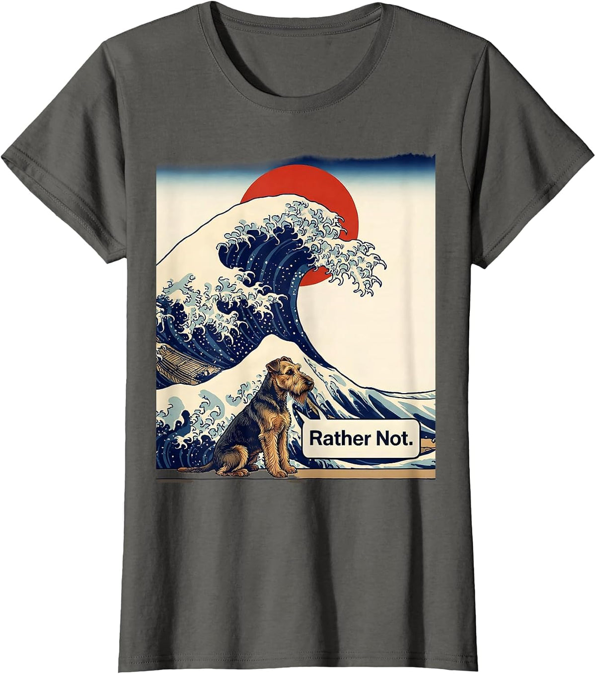 Women's Rather Not Ukiyo-e Airedale Terrier Surfing Great Wave T-Shirt - Asphalt Grey