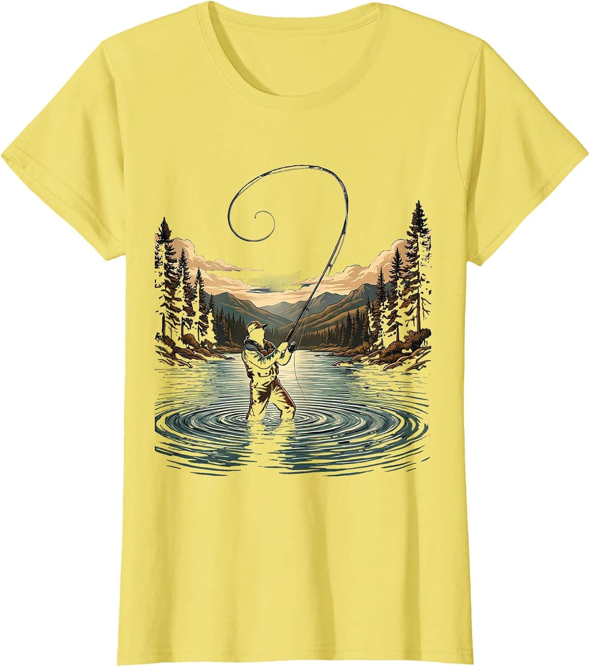 Fly Fisherman Casting Arc in River Graphic T-Shirt - Lemon Yellow