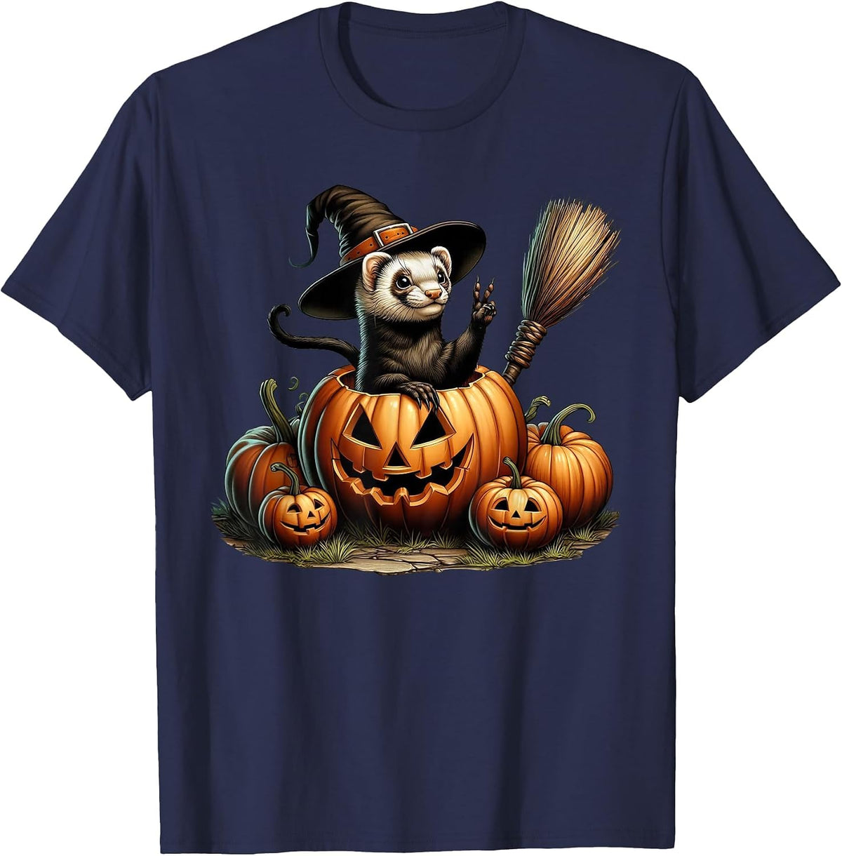 Funny Ferret Witch Pumpkin Halloween Mens Womens Kids T-Shirt - Navy Blue