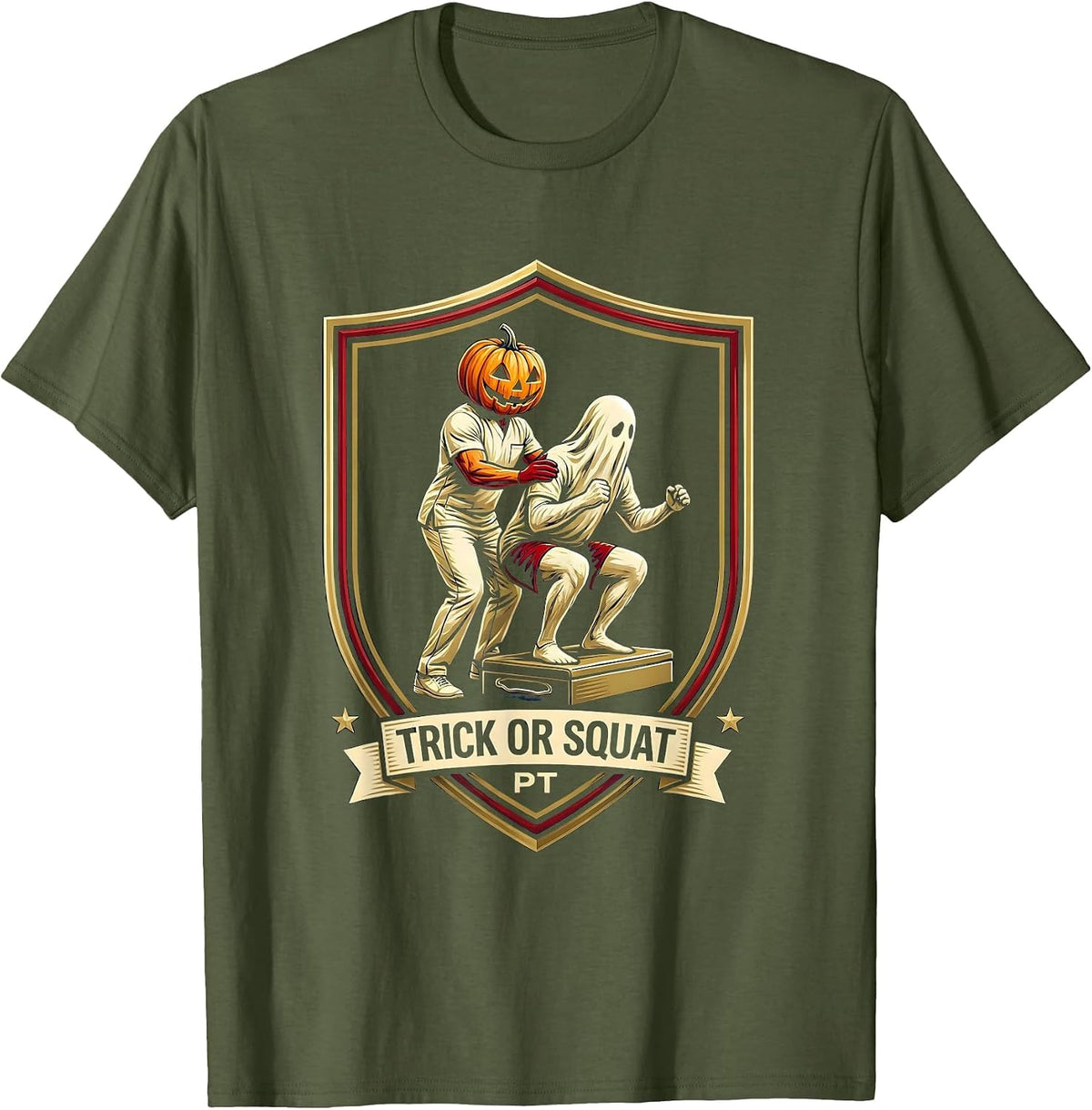 Men's Trick Or Squat PT Halloween Physical Therapy Therapist Humor T-Shirt - Olive Green