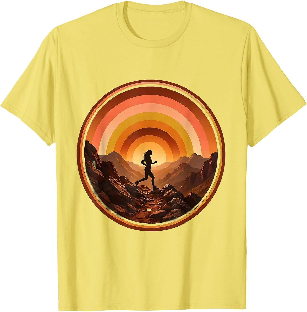 Men's Hiker Rocky Mountain Trail Sunset Illustration T-Shirt - Lemon Yellow