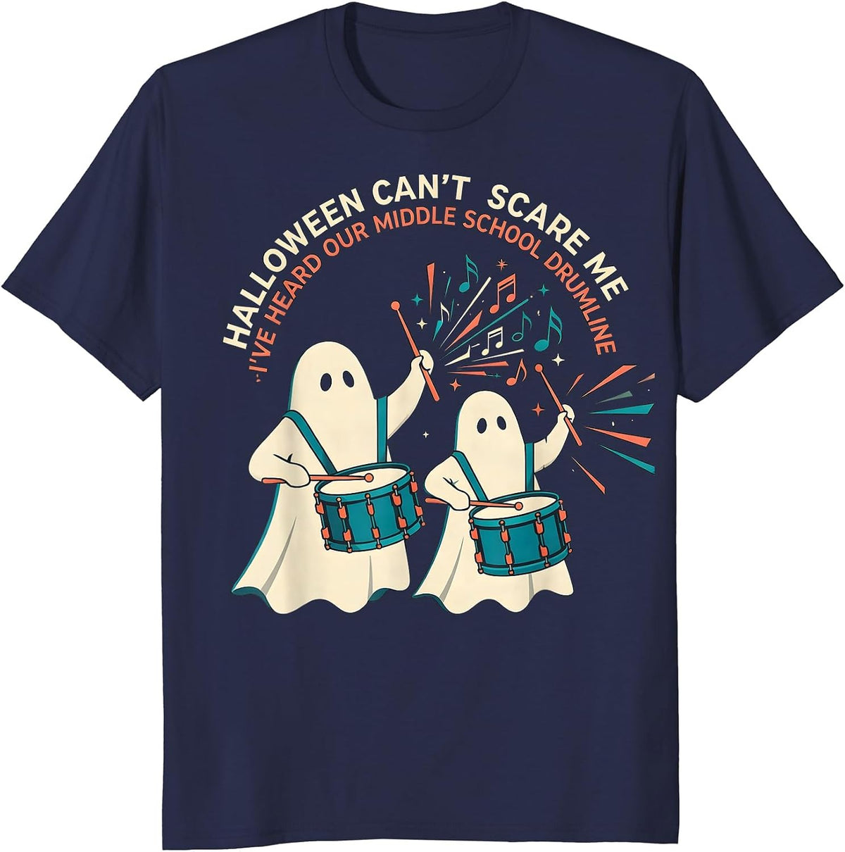 Men's Halloween Can't Scare Me Music Teacher Ghost Drummer Humor T-Shirt - Navy Blue