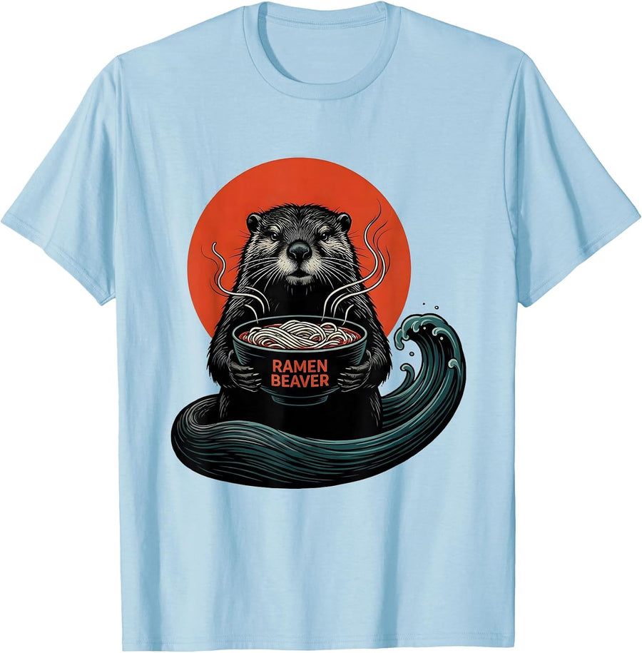Men's Ramen Beaver Funny Japanese Kaiju Animal Anime Kawaii T-Shirt - Baby Blue