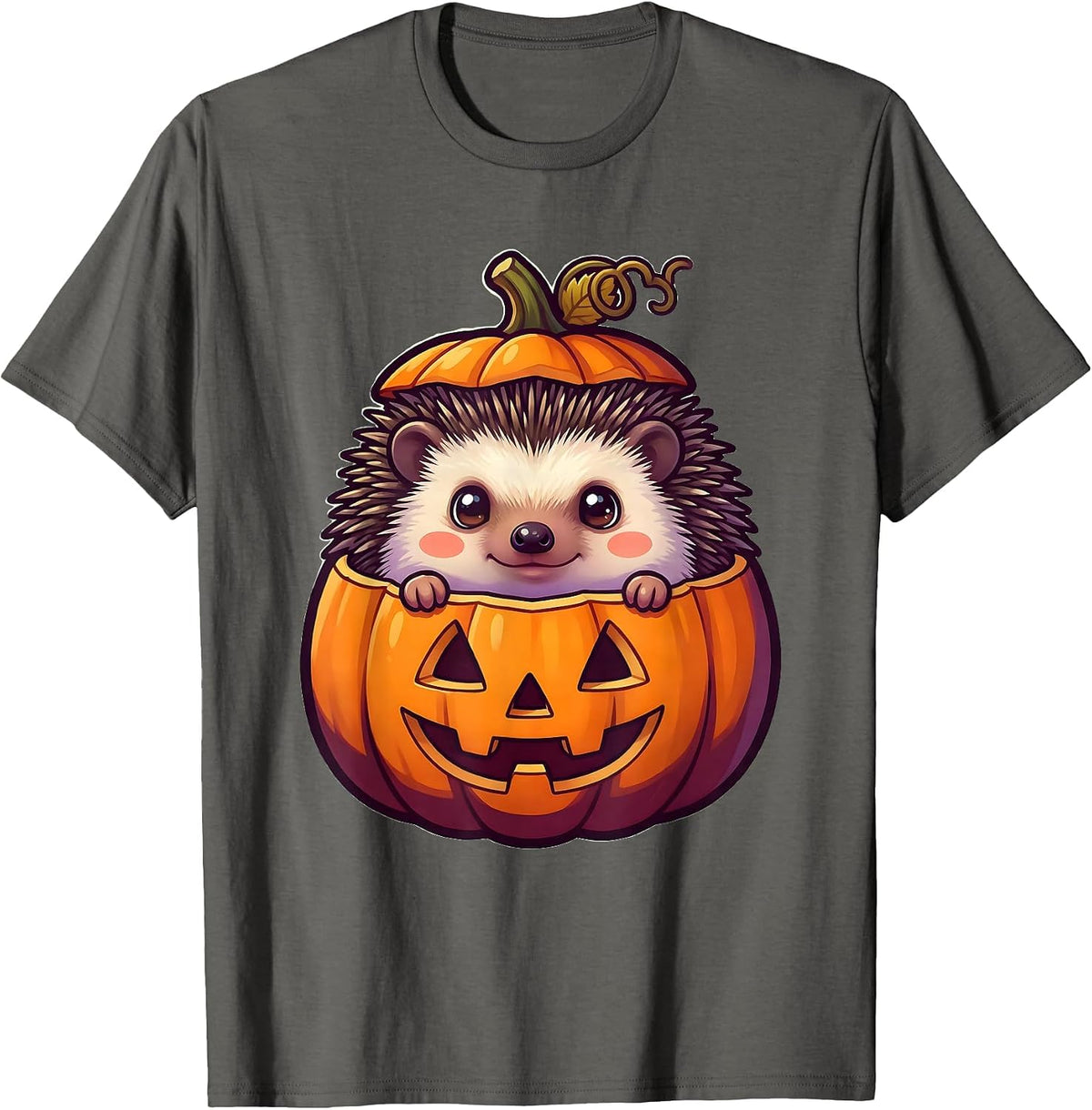 Men's Cute Chibi Hedgehog Pumpkin Halloween Kids Humor T-Shirt - Asphalt Grey
