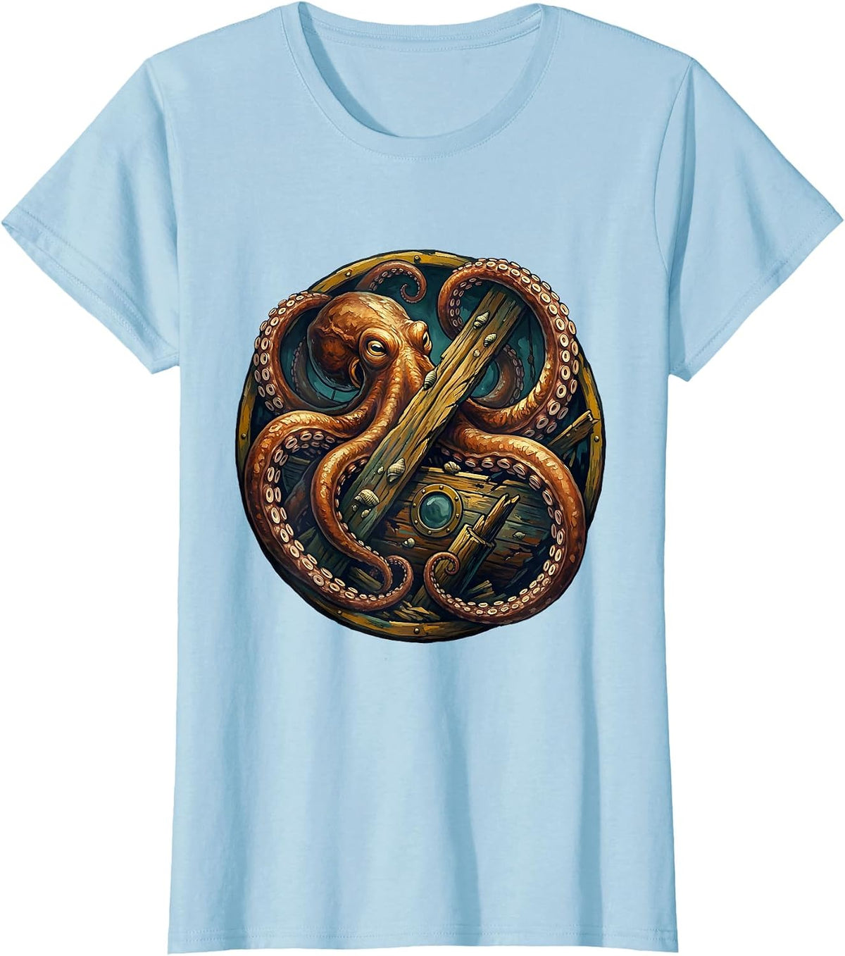 Octopus Sunken Ship Sailor Graphic Tee T-Shirt - Baby Blue