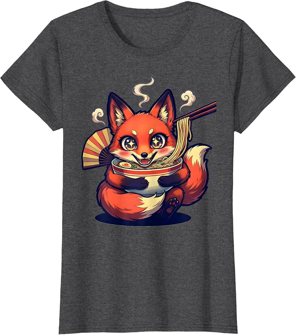 Women's Chibi Kitsune Ramen Anime Cute Animal Humor T-Shirt - Dark Heather Grey