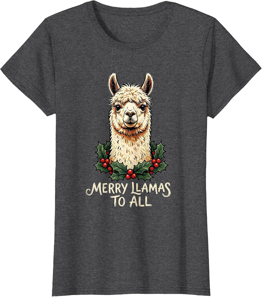 Women's Merry Llamas To All Funny Llama Christmas Animal Lover Gift T-Shirt - Dark Heather Grey