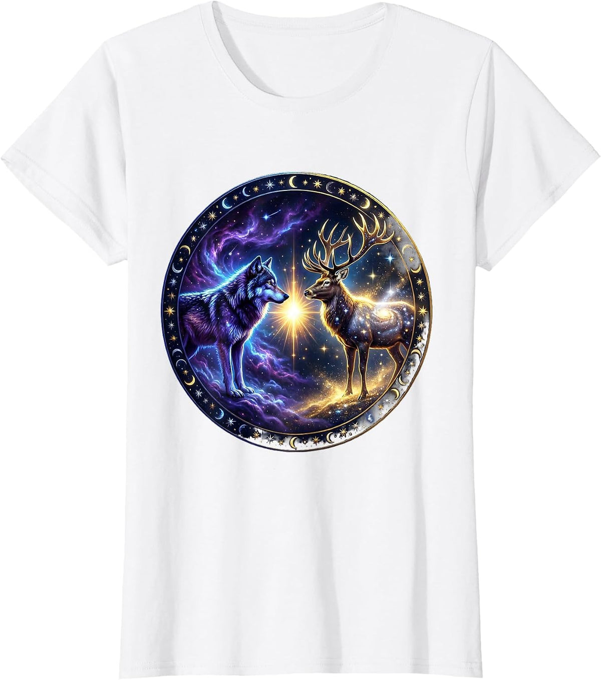 Wolf and Elk Standoff Wildlife Graphic T-Shirt - White