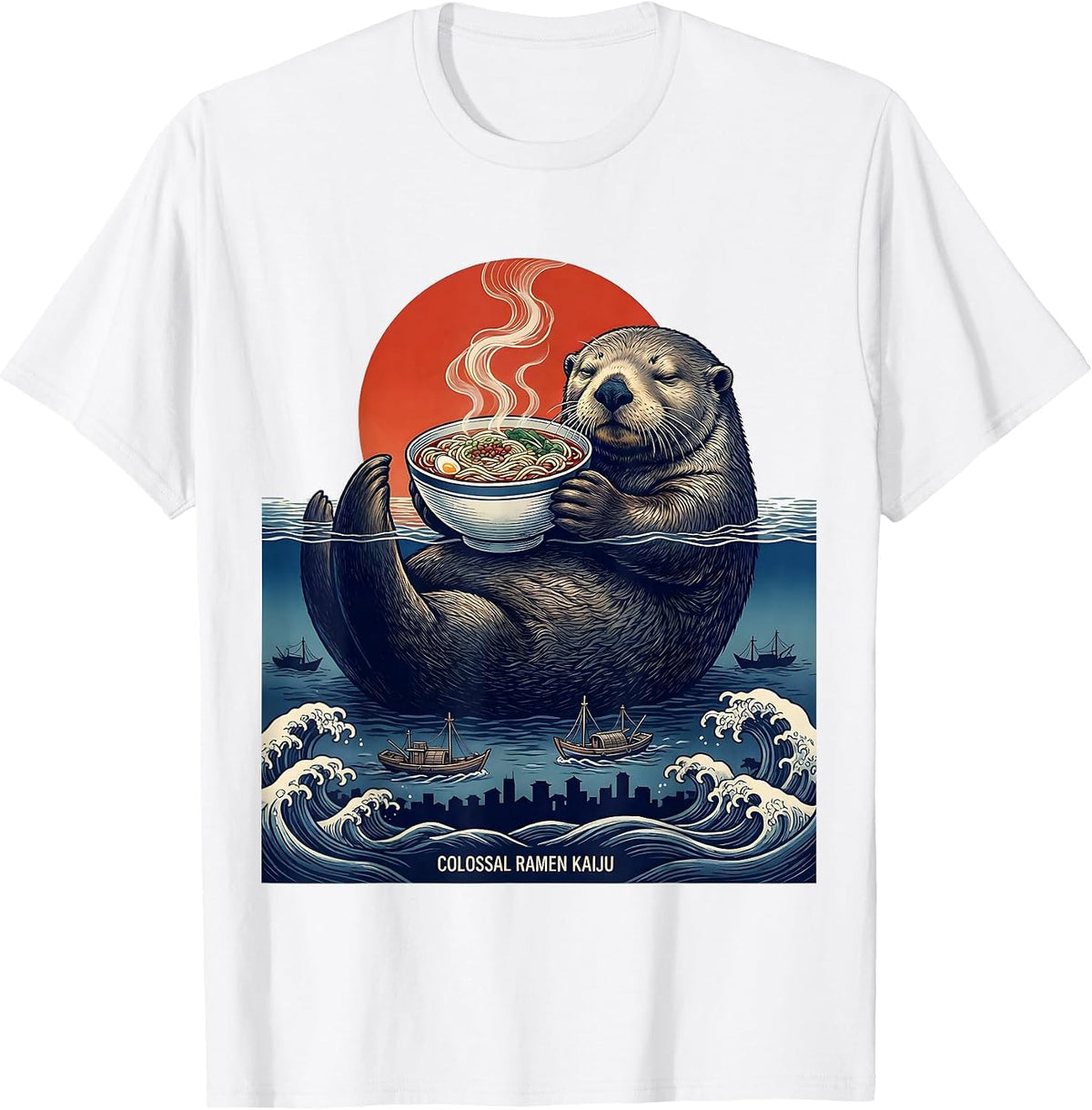 Men's Colossal Ramen Kaiju Ukiyo-e Japanese Pop Culture Streetwear T-Shirt - White