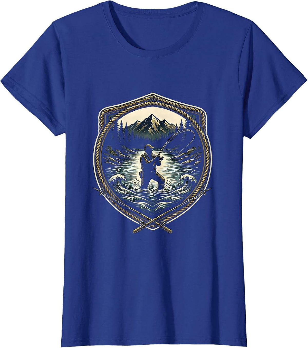 Women's Fly Fishing River Wading Graphic Design T-Shirt - Royal Blue