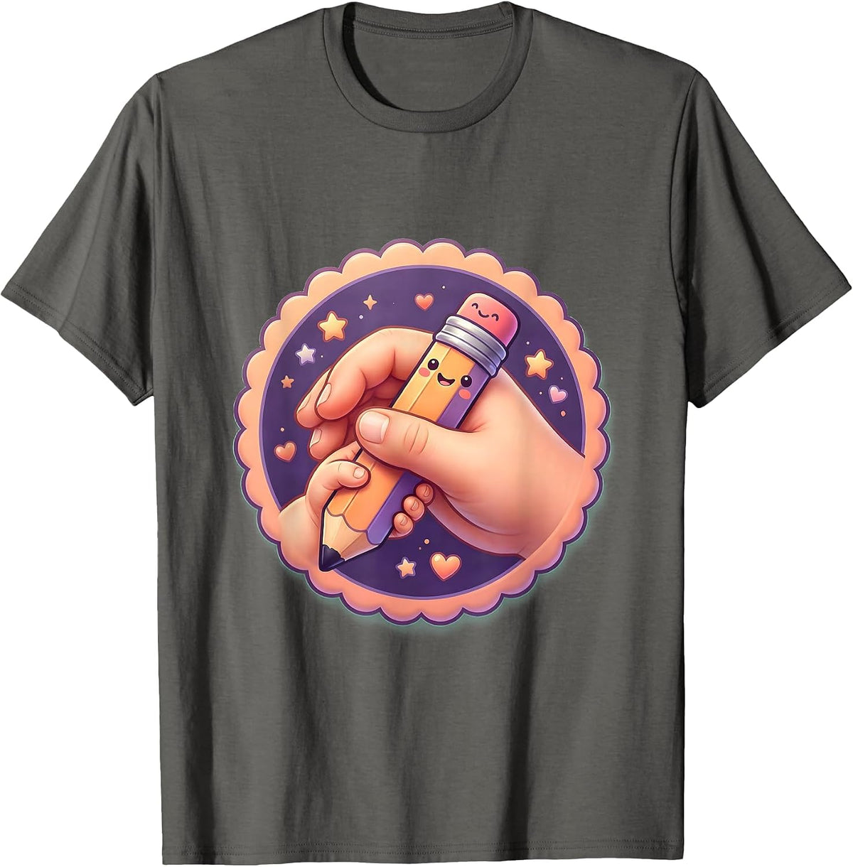 Men's Sped Teacher Hands Guiding Pencil Grip Illustration T-Shirt - Asphalt Grey